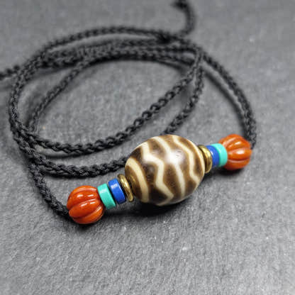 Dzi Bead Necklace - Wave Totem Dalo Dzi Clavicle Chain 20*18mm - Tibetan Buddhist bead necklace, detailed view