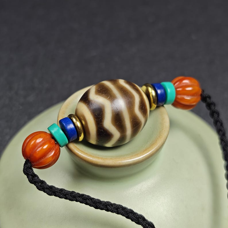 Dzi Bead Necklace - Wave Totem Dalo Dzi Clavicle Chain 20*18mm - Tibetan Buddhist bead necklace, view 12
