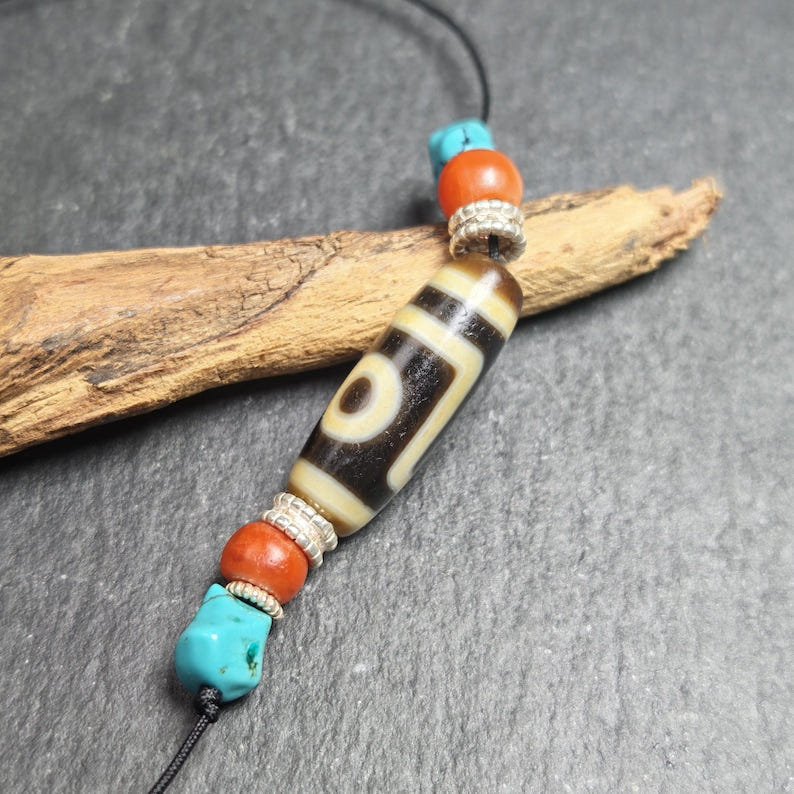 Antique 2 Eyes Dzi Bead Clavicle Necklace - Tibetan Buddhist bead necklace, view 4