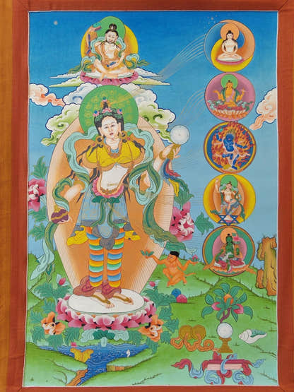 Hand Painted Yeshe Tsogyal Thanka - 130cm Height - Tibetan thangka painting, close-up detail