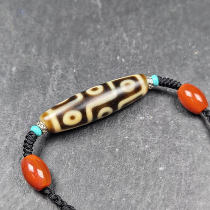 Vintage 9 Eyes Dzi Bead Necklace - Tibetan Buddhist bead necklace, front view