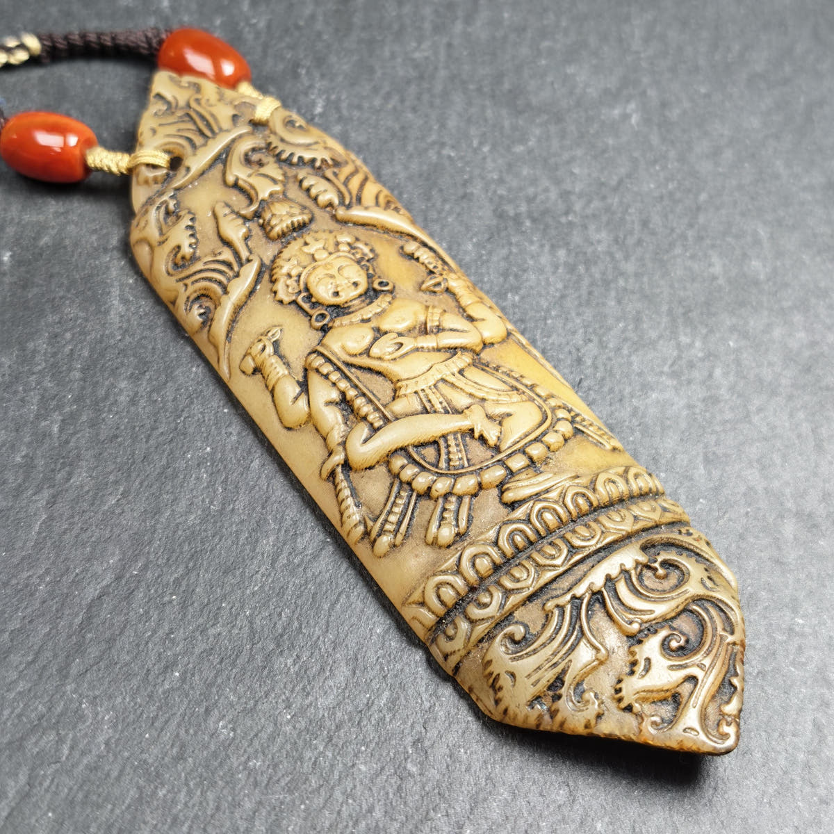 Brahma Amulet | Vintage Tibetan Yak Bone Carved Protective Pendant - 13cm
