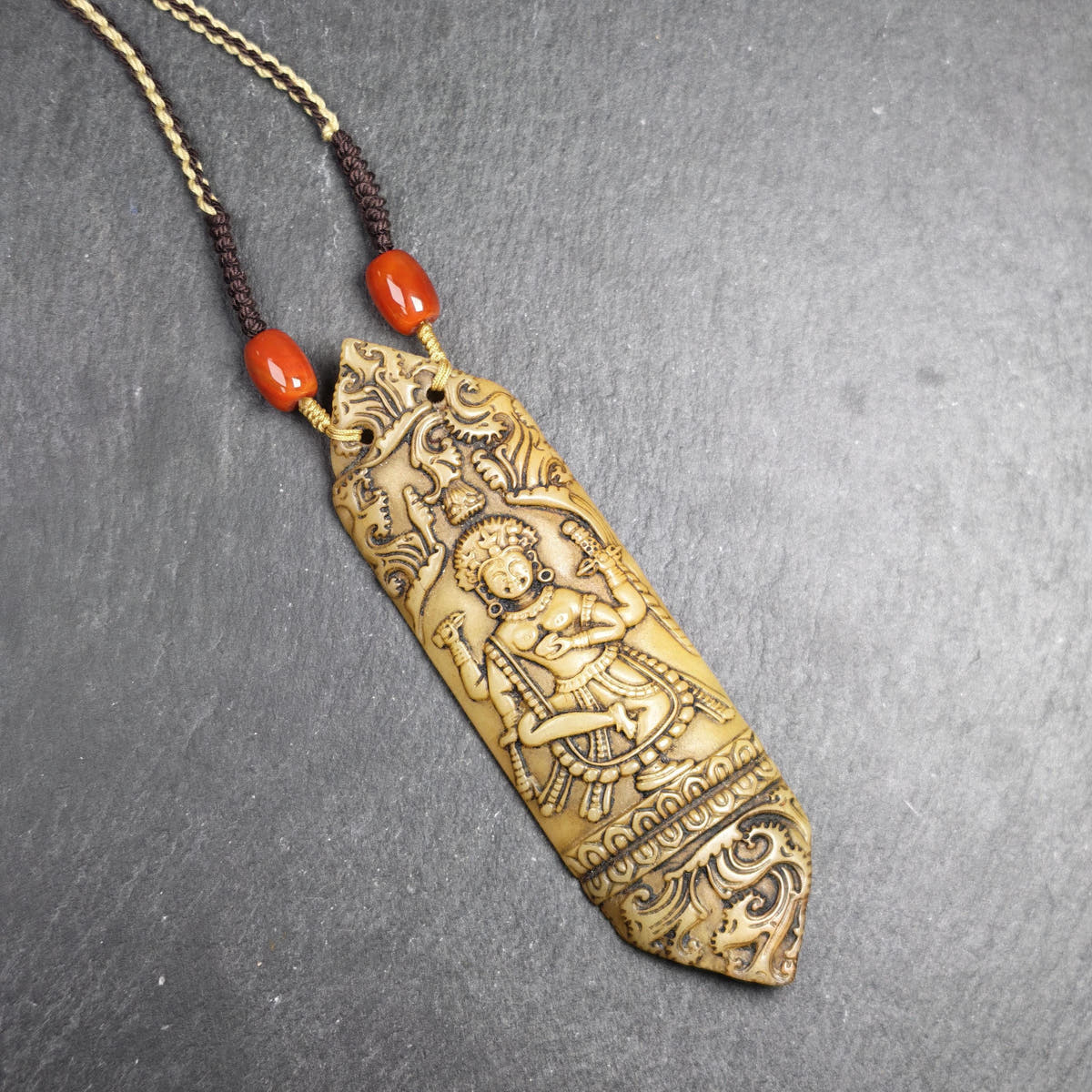 Brahma Amulet | Vintage Tibetan Yak Bone Carved Protective Pendant - 13cm