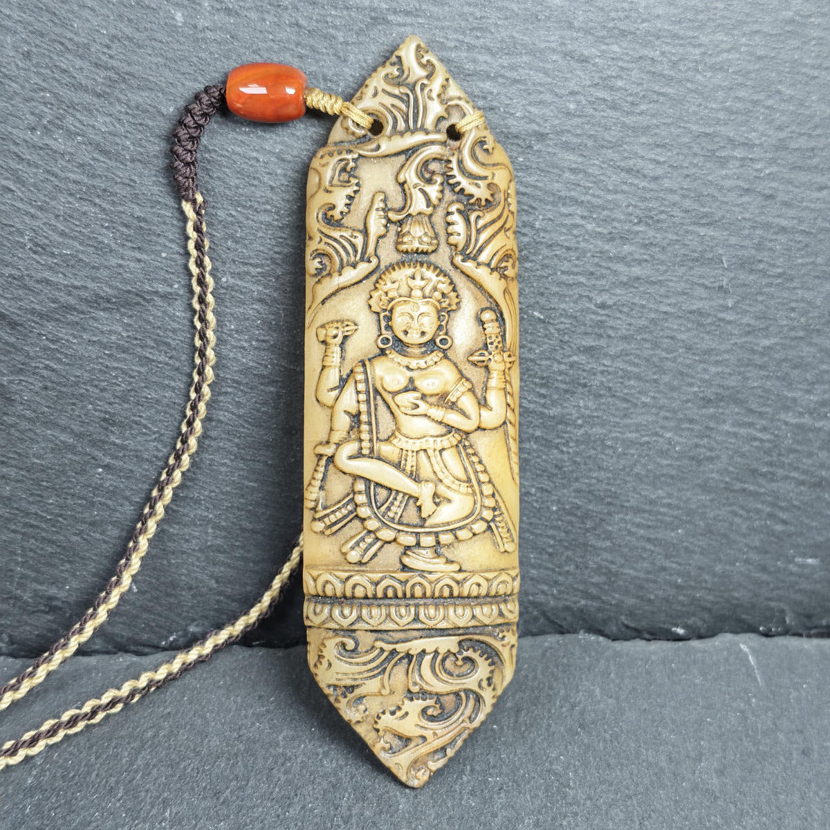 Brahma Amulet | Vintage Tibetan Yak Bone Carved Protective Pendant - 13cm