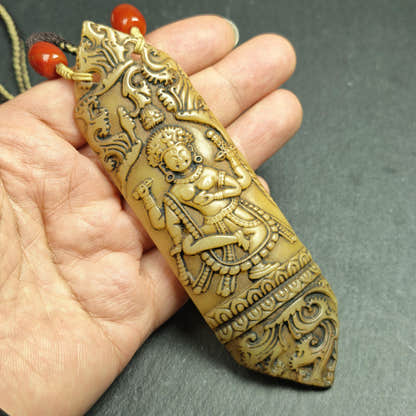 Brahma Amulet | Vintage Tibetan Yak Bone Carved Protective Pendant - 13cm