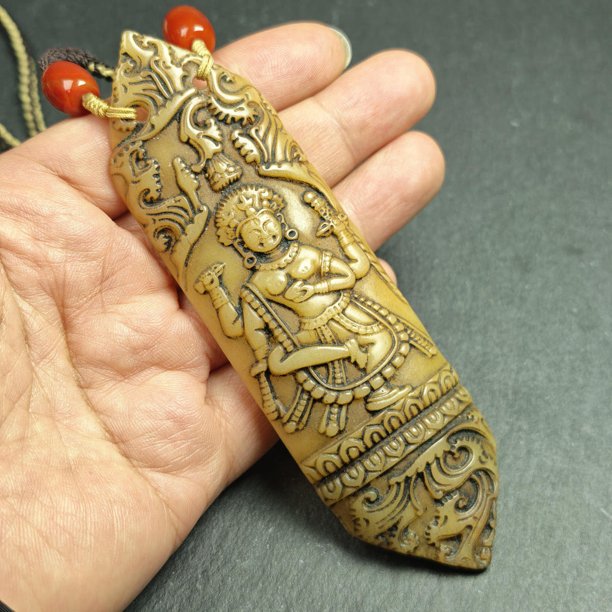 Brahma Amulet | Vintage Tibetan Yak Bone Carved Protective Pendant - 13cm