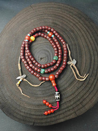 Authentic Tibetan Rudraksha Mala, Old 8mm 108 Prayer Beads Necklace