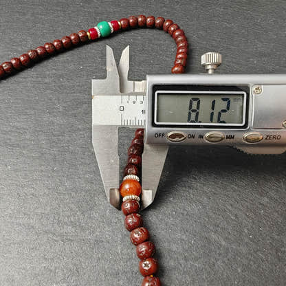 Authentic Tibetan Rudraksha Mala Necklace, Old 7mm 108 Prayer Beads with Conch & Turquoise Treasures