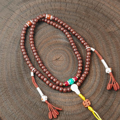Authentic Tibetan Rudraksha Mala Necklace, Old 7mm 108 Prayer Beads with Conch & Turquoise Treasures
