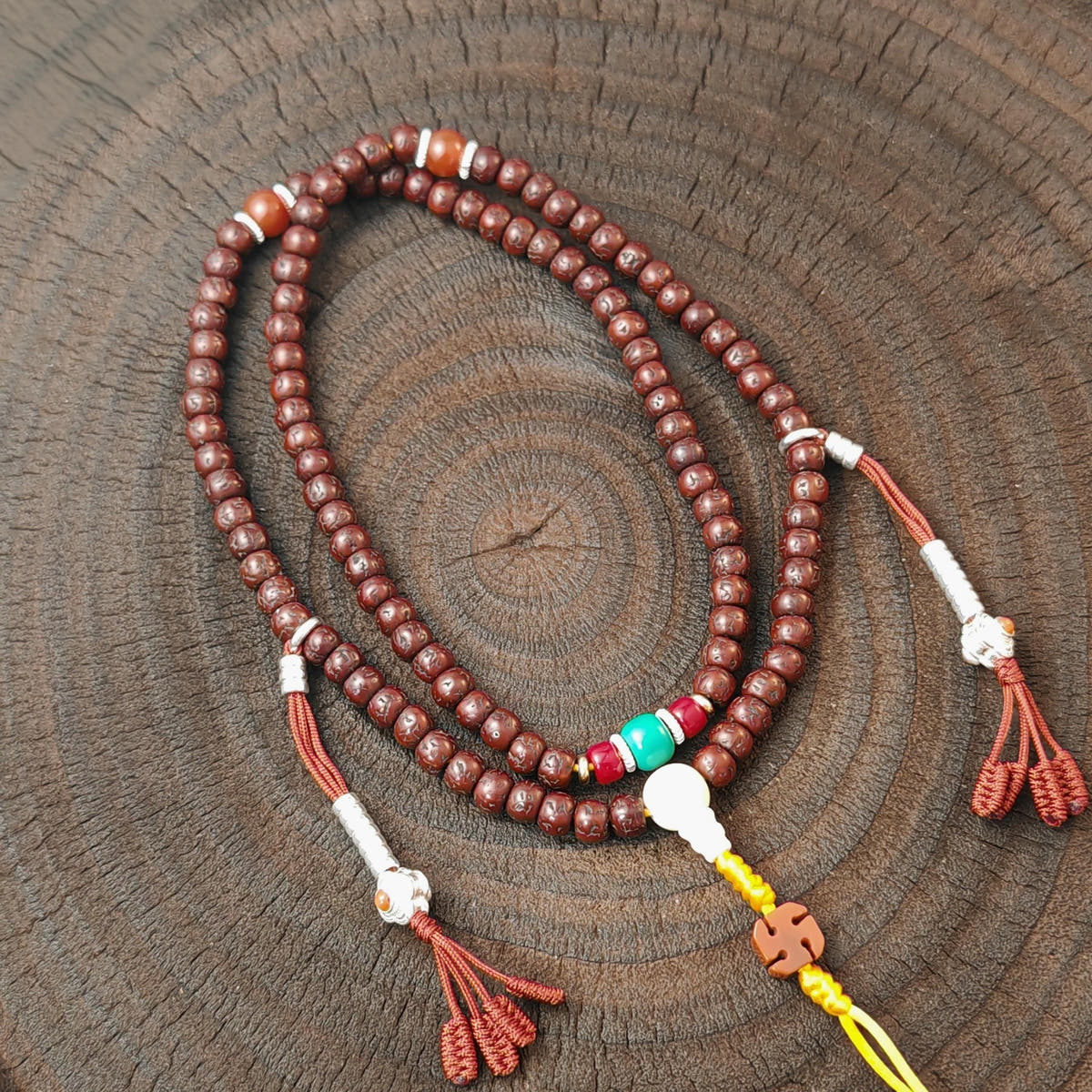 Authentic Tibetan Rudraksha Mala Necklace, Old 7mm 108 Prayer Beads with Conch & Turquoise Treasures