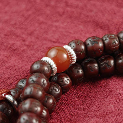 Authentic Tibetan Rudraksha Mala Necklace, Old 7mm 108 Prayer Beads with Conch & Turquoise Treasures