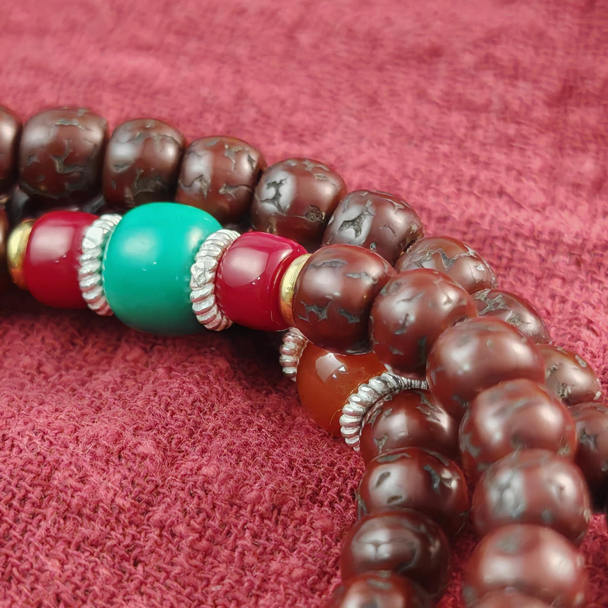 Authentic Tibetan Rudraksha Mala Necklace, Old 7mm 108 Prayer Beads with Conch & Turquoise Treasures