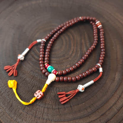 Authentic Tibetan Rudraksha Mala Necklace, Old 7mm 108 Prayer Beads with Conch & Turquoise Treasures