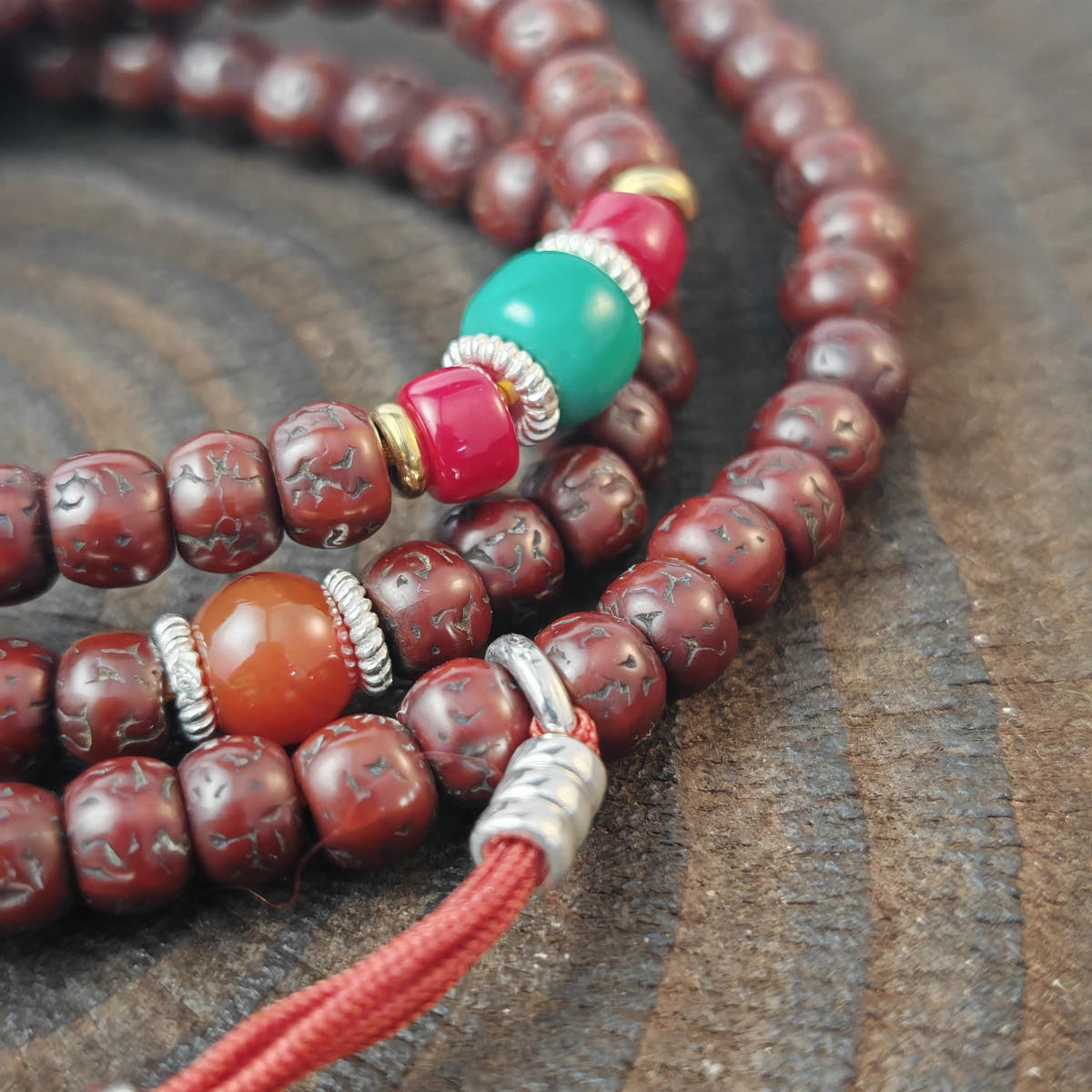 Authentic Tibetan Rudraksha Mala Necklace, Old 7mm 108 Prayer Beads with Conch & Turquoise Treasures