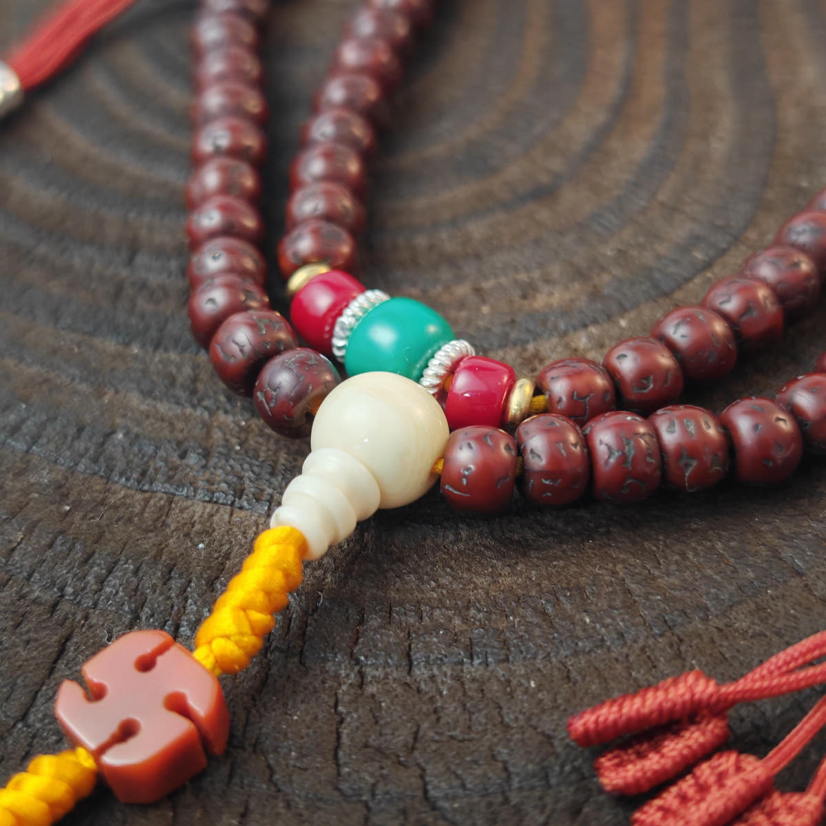 Authentic Tibetan Rudraksha Mala Necklace, Old 7mm 108 Prayer Beads with Conch & Turquoise Treasures