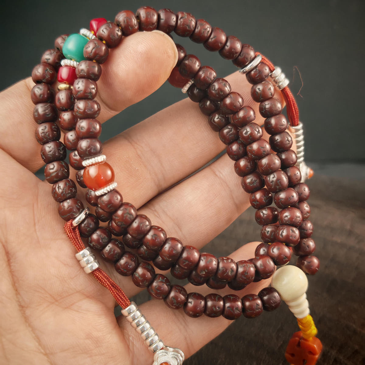 Authentic Tibetan Rudraksha Mala Necklace, Old 7mm 108 Prayer Beads with Conch & Turquoise Treasures