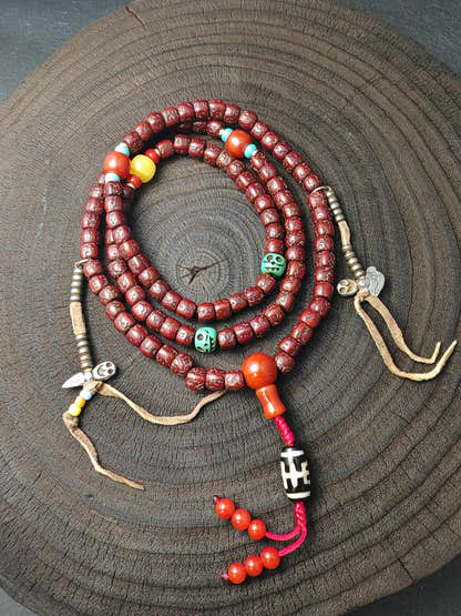 Authentic Tibetan Rudraksha Mala, Old 8mm 108 Prayer Beads Necklace