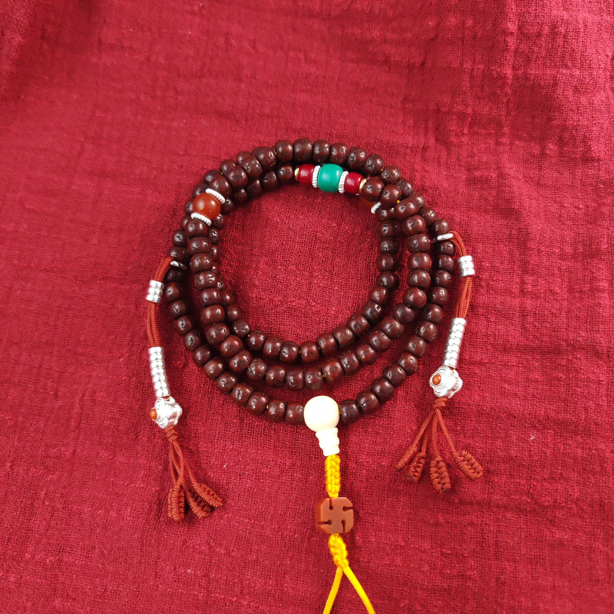 Authentic Tibetan Rudraksha Mala Necklace, Old 7mm 108 Prayer Beads with Conch & Turquoise Treasures
