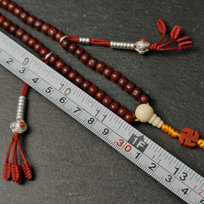 Authentic Tibetan Rudraksha Mala Necklace, Old 7mm 108 Prayer Beads with Conch & Turquoise Treasures