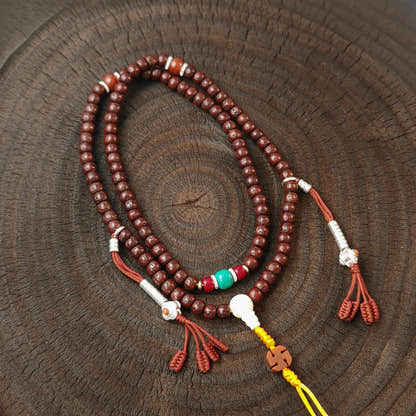 Authentic Tibetan Rudraksha Mala Necklace, Old 7mm 108 Prayer Beads with Conch & Turquoise Treasures