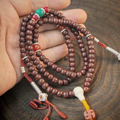 Authentic Tibetan Rudraksha Mala Necklace, Old 7mm 108 Prayer Beads with Conch & Turquoise Treasures