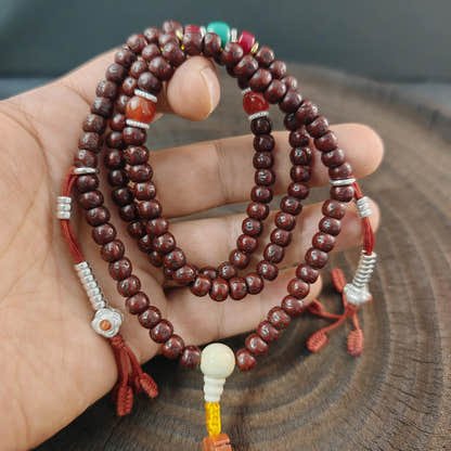 Authentic Tibetan Rudraksha Mala Necklace, Old 7mm 108 Prayer Beads with Conch & Turquoise Treasures