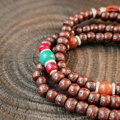 Authentic Tibetan Rudraksha Mala Necklace, Old 7mm 108 Prayer Beads with Conch & Turquoise Treasures