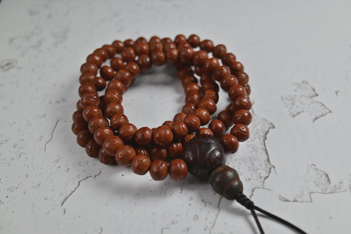 Antique Tibetan Mala Necklace Old Bodhi Wood Prayer Beads 8mm
