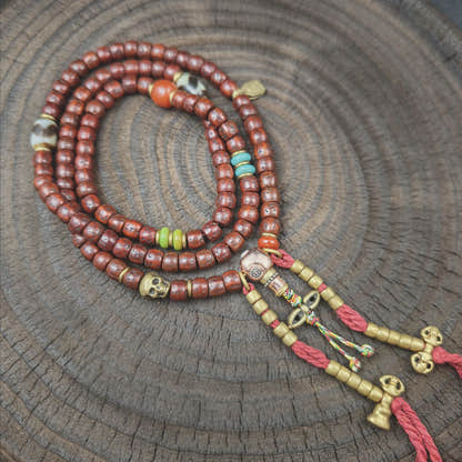 Authentic Tibetan Rudraksha Mala, Old 8mm 108 Prayer Beads Necklace with Turquoise & Dzi Bead, Vintage Antique Finish Tibetan Rosary