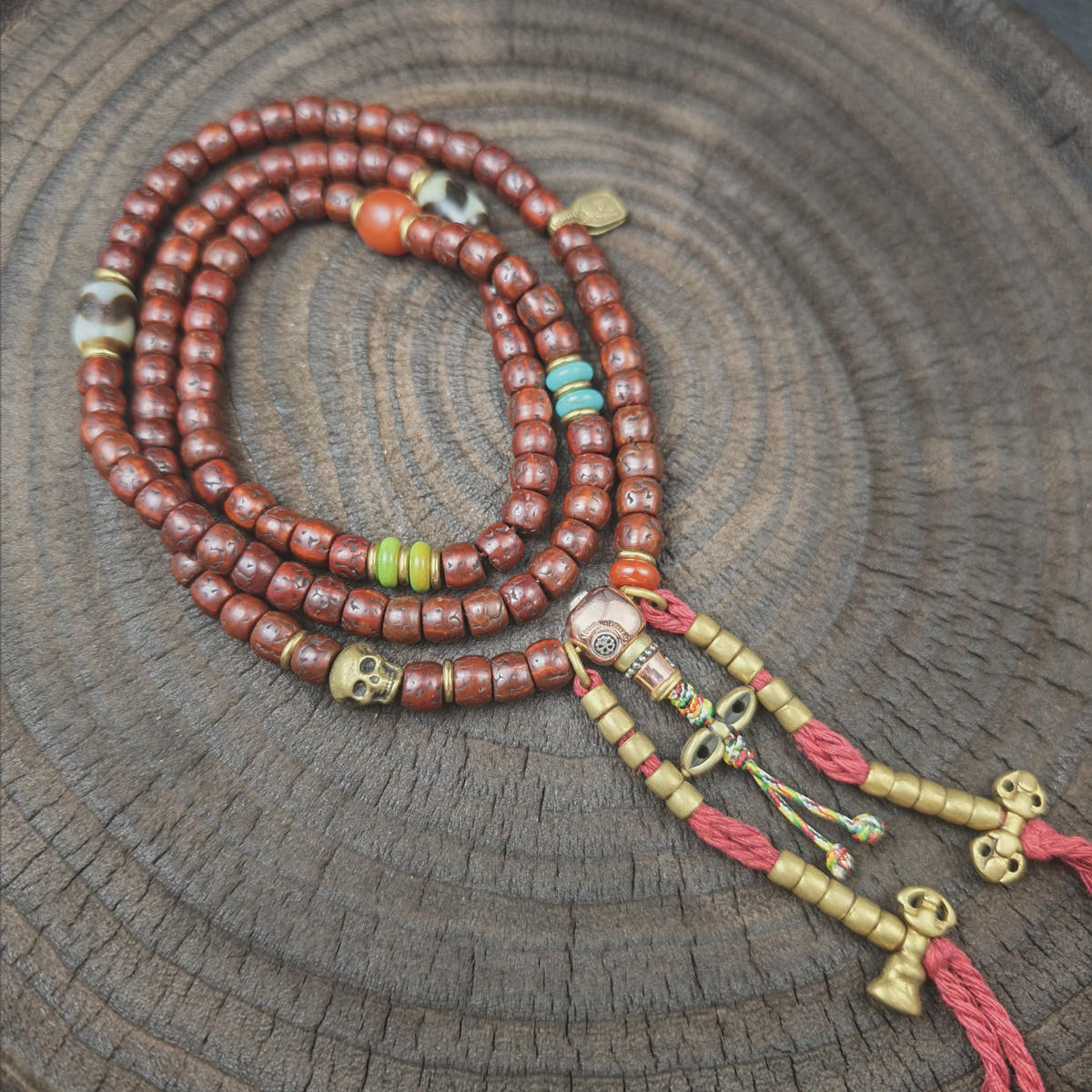 Authentic Tibetan Rudraksha Mala, Old 8mm 108 Prayer Beads Necklace with Turquoise & Dzi Bead, Vintage Antique Finish Tibetan Rosary