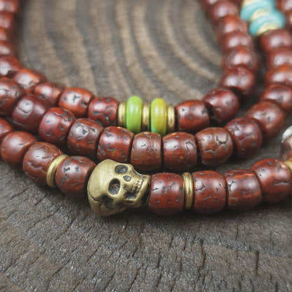 Authentic Tibetan Rudraksha Mala, Old 8mm 108 Prayer Beads Necklace with Turquoise & Dzi Bead, Vintage Antique Finish Tibetan Rosary