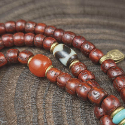 Authentic Tibetan Rudraksha Mala, Old 8mm 108 Prayer Beads Necklace with Turquoise & Dzi Bead, Vintage Antique Finish Tibetan Rosary