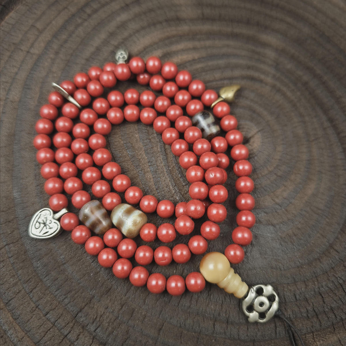 Tibetan Cinnabar Mala 108 Prayer Beads 8mm, Dzi Bead & Horn Guru Bead
