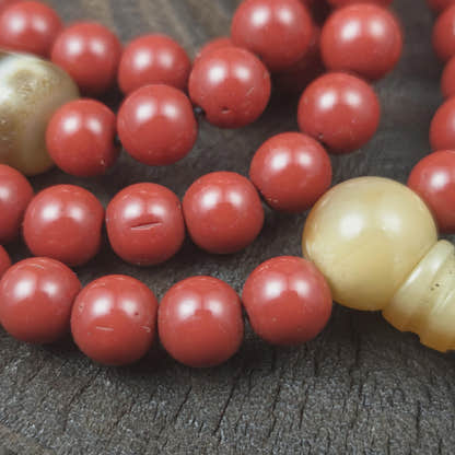 Tibetan Cinnabar Mala 108 Prayer Beads 8mm, Dzi Bead & Horn Guru Bead