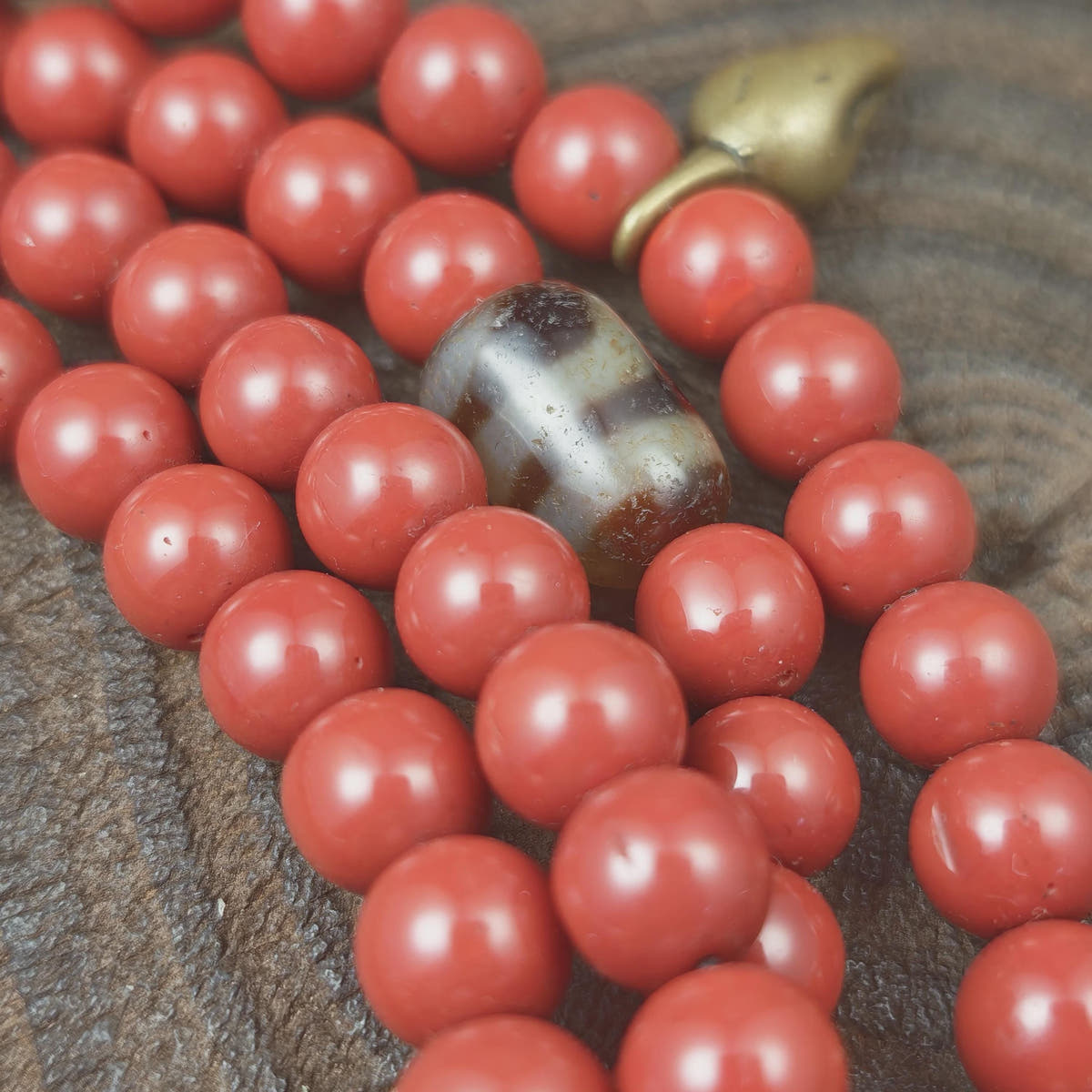 Tibetan Cinnabar Mala 108 Prayer Beads 8mm, Dzi Bead & Horn Guru Bead