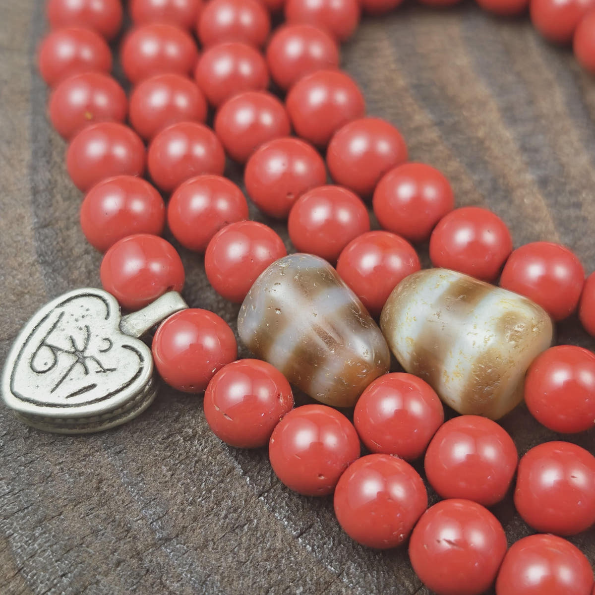 Tibetan Cinnabar Mala 108 Prayer Beads 8mm, Dzi Bead & Horn Guru Bead