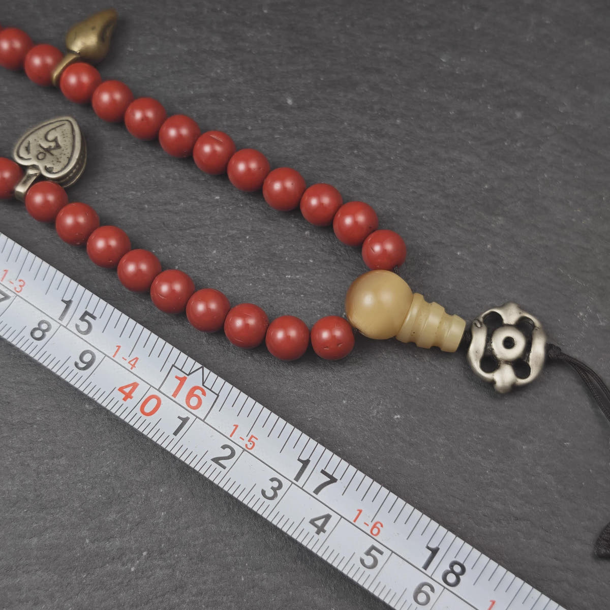 Tibetan Cinnabar Mala 108 Prayer Beads 8mm, Dzi Bead & Horn Guru Bead