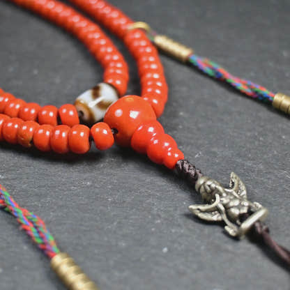 7mm Red Bamboo Coral Mala Necklace, 108 Tibetan Prayer Beads
