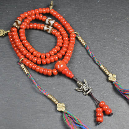7mm Red Bamboo Coral Mala Necklace, 108 Tibetan Prayer Beads
