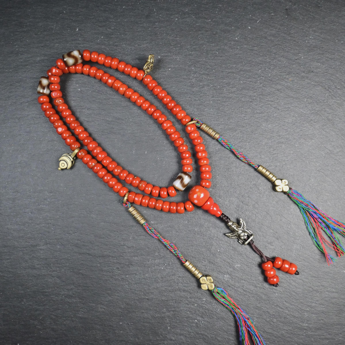 7mm Red Bamboo Coral Mala Necklace, 108 Tibetan Prayer Beads