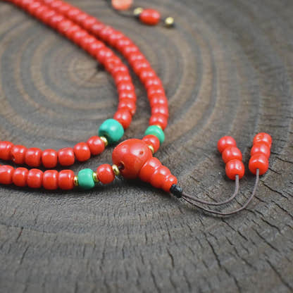 5mm Red Bamboo Coral Mala Necklace, 108 Tibetan Prayer Beads
