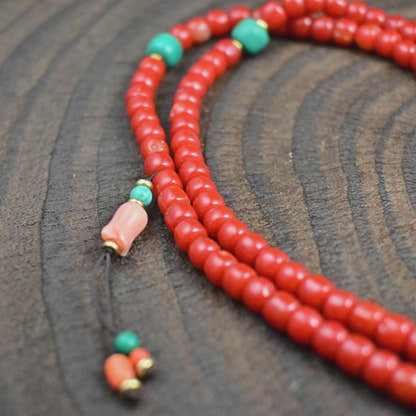 5mm Red Bamboo Coral Mala Necklace, 108 Tibetan Prayer Beads