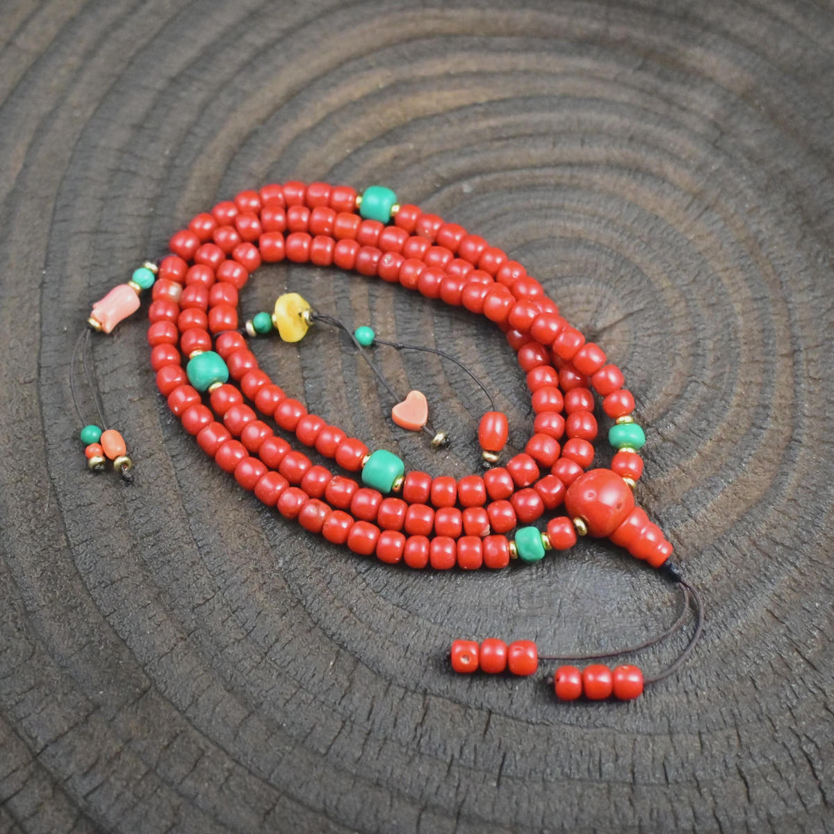 5mm Red Bamboo Coral Mala Necklace, 108 Tibetan Prayer Beads