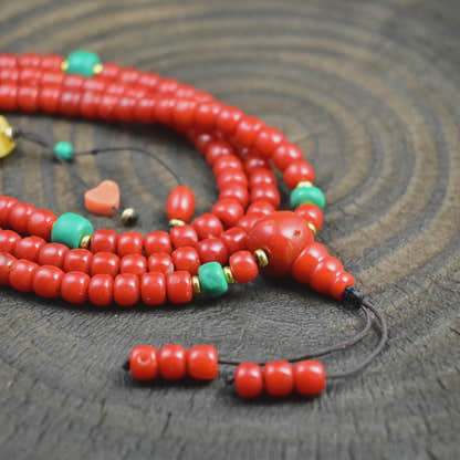5mm Red Bamboo Coral Mala Necklace, 108 Tibetan Prayer Beads