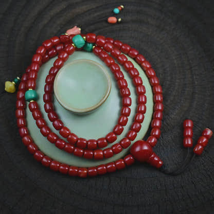 6mm Red Bamboo Coral Mala Necklace, 108 Tibetan Prayer Beads