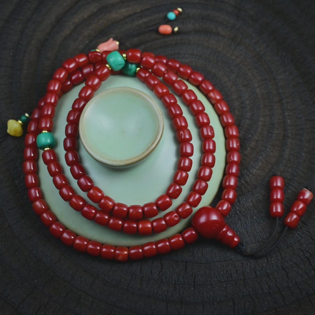 6mm Red Bamboo Coral Mala Necklace, 108 Tibetan Prayer Beads