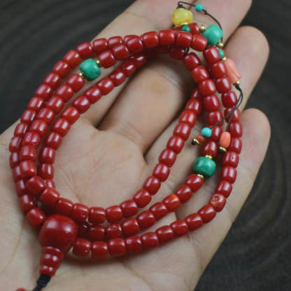 6mm Red Bamboo Coral Mala Necklace, 108 Tibetan Prayer Beads