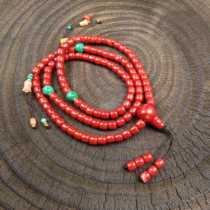 6mm Red Bamboo Coral Mala Necklace, 108 Tibetan Prayer Beads