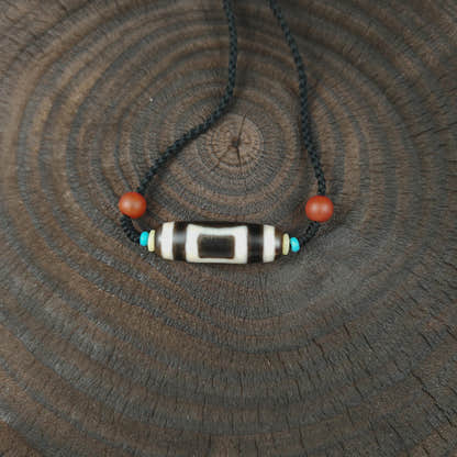 Tibetan Sky & Earth Dzi Bead Necklace, 37x12mm Weathered Agate Pendant