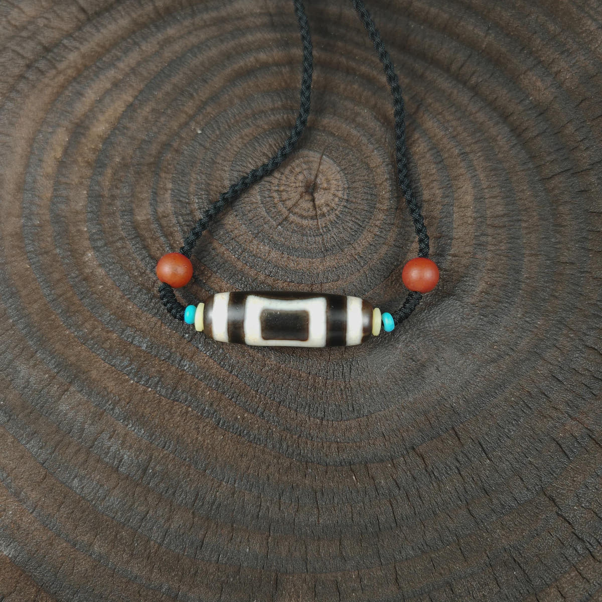 Tibetan Sky & Earth Dzi Bead Necklace, 37x12mm Weathered Agate Pendant